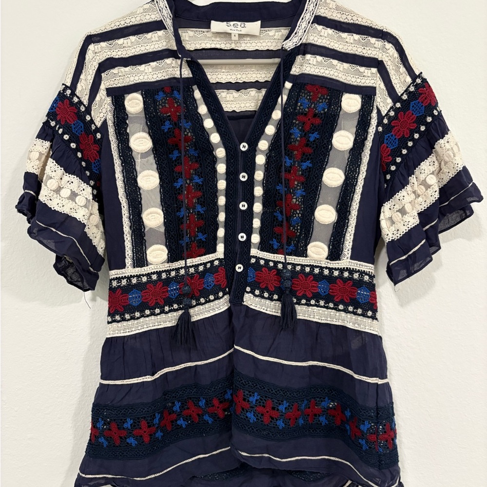Sea New York Navy Boho Embroidered Top with Red & Blue Accents